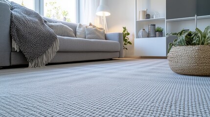 Poster - Cozy Living Room with Gray Sofa Light Checkered Carpet and Bright Natural Light on White Walls