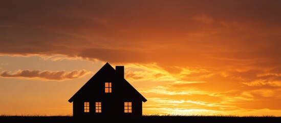 Aufkleber - Silhouette of a cozy house against a vibrant sunset sky creating a serene and warm atmosphere for relaxation and reflection.