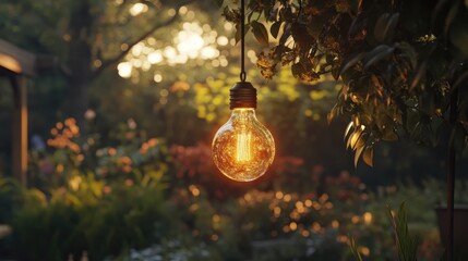 Poster - Glowing incandescent light bulb illuminated in a lush garden during sunset creating a warm and inviting atmosphere
