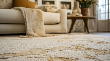 Poster - Elegant hand woven decorative wool carpet enhancing cozy living room aesthetics with soft textures and warm color tones.
