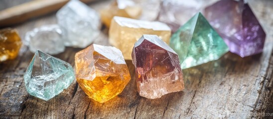Poster - Colorful gemstones of various shapes and sizes arranged on a rustic wooden surface showcasing natural beauty and craftsmanship