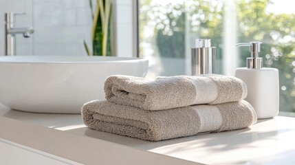 Poster - Modern bathroom decor featuring neatly arranged towels and stylish accessories in a serene and inviting setting