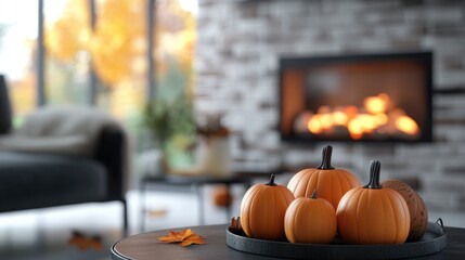 Poster - Cozy Living Room Scene with Halloween Pumpkins on Table and Blurred Fireplace Ambiance