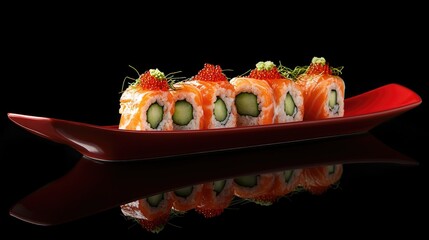 Poster - Sushi rolls with salmon cucumber and red caviar on red plate showcasing gourmet healthy cuisine against black background