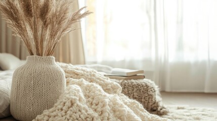 Wall Mural - Cozy living room interior featuring jade plants and soft textiles with natural light illuminating the serene space.