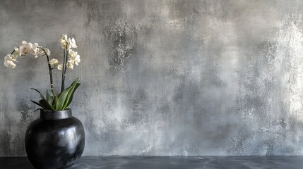 Poster - Lacquered concrete wall with elegant silvery finish featuring subtle texture and decorative vase with flowers for a sophisticated interior design