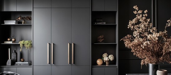 Poster - Sleek dark interior design showcasing gray wardrobes and artistic decor elements including dried flowers and moss accents