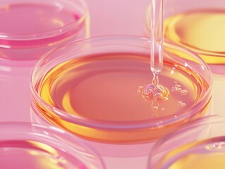 close-up of a pipette dropping liquid into a petri dish, showcasing vibrant pink hues and bubbles.