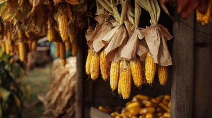 Poster - Hanging corn displayed in paper bags capturing rustic autumn harvest aesthetics in a charming country setting