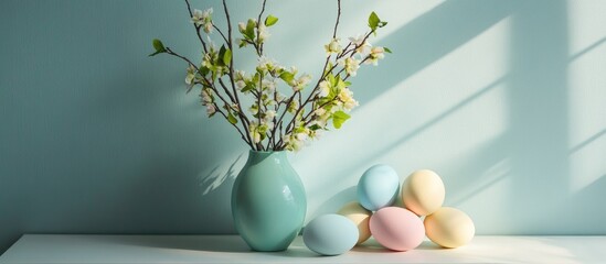 Poster - Spring home decor with fresh branches in a vase and pastel colored eggs creating a bright and inviting atmosphere for the season