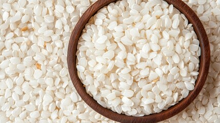 Aufkleber - Polished white edible rice in brown bowl on white surface showcasing organic agriculture and staple food concept close up view