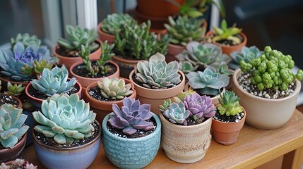 Poster - Vibrant display of diverse succulents in stylish pots enhancing a cozy living space with natural greenery and indoor gardening appeal
