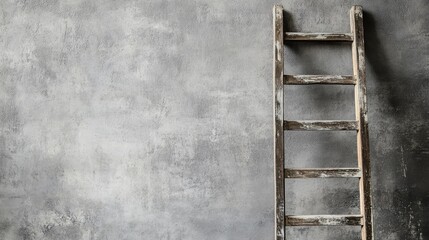 Poster - rustic wooden ladder leaning against gray wall with strong light and copy space for creative and ins