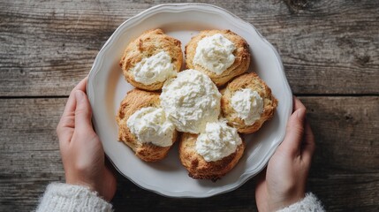 Aufkleber - Hands presenting a white plate of freshly baked scones topped with cream cheese on a rustic wooden table background