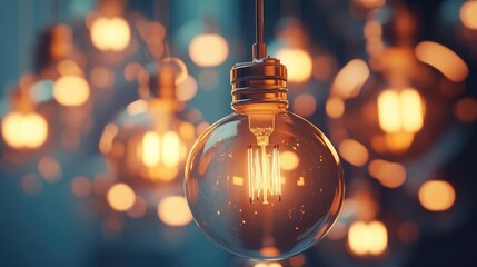 Poster - Home Energy Efficiency Concept with Vintage Light Bulbs Featuring Warm Glow Against a Softly Blurred Background