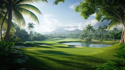 Poster - Tropical golf course landscape featuring lush greenery palm trees serene lake and mountains in the background on a tranquil island setting