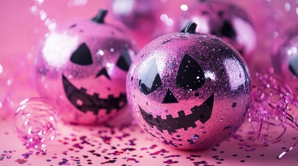Aufkleber - Halloween decoration with pink glitter pumpkins and confetti streamers on a festive background
