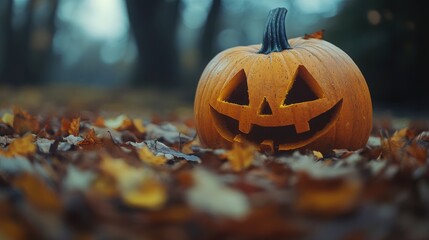 Poster - Autumn pumpkin decoration in a park surrounded by colorful fallen leaves for Halloween celebration atmosphere