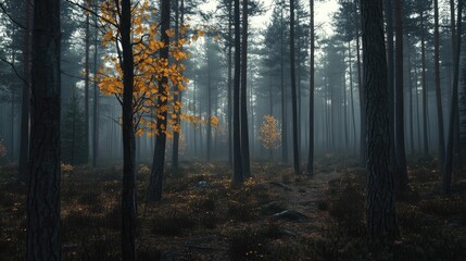 Poster - Autumn forest landscape with mist and golden leaves creating a serene and mysterious atmosphere in nature's tranquility