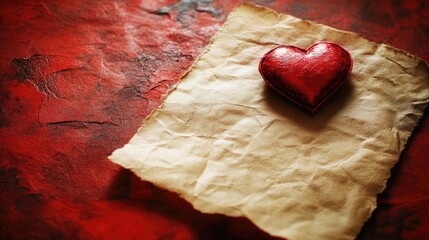 Poster - Gift wrapped in parchment with a red heart and name card on a vibrant red background for romantic celebrations or special occasions
