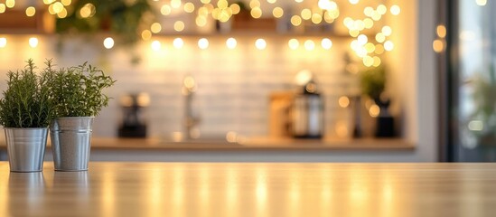 Poster - Cozy home kitchen with soft bokeh lights creating a warm atmosphere perfect for interior design inspiration and lifestyle imagery.