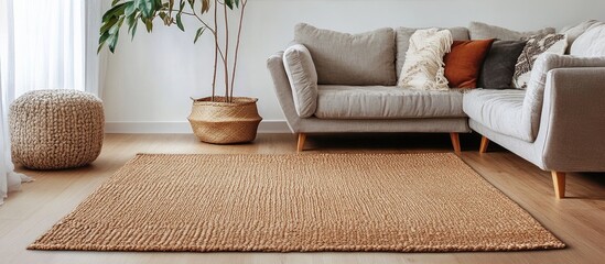 Aufkleber - Handwoven jute rug with intricate patterns enhancing rustic charm in modern home decor featuring plants and cozy furnishings
