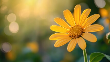 Poster - Golden yellow flower basking in sunlight surrounded by a soft focus garden background capturing the essence of nature's beauty.