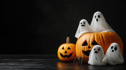 Aufkleber - Halloween Pumpkin with Friendly Ghosts and Spiders on Dark Background Cozy Autumn Decor with Space for Text and Seasonal Themes