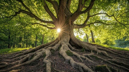 Aufkleber - Majestic old tree with sprawling roots illuminated by warm sunlight in a serene forest setting capturing the essence of nature's beauty