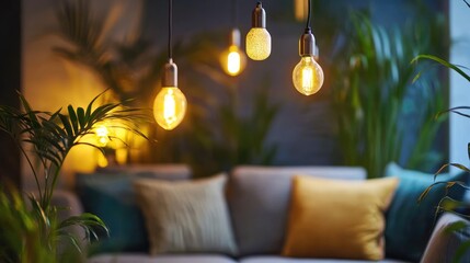 Aufkleber - Cozy Living Room with Ambient Lighting and Stylish Decor Elements