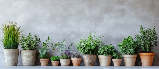 Aufkleber - Home plants in rustic pots arranged against a light grey background enhancing a serene and inviting ambiance for interior decor.