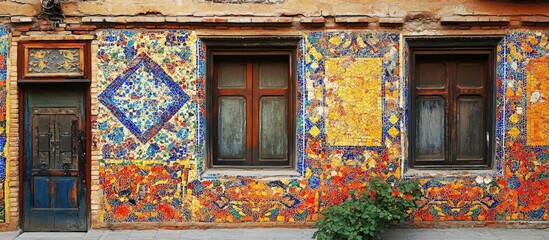 Poster - Vibrant mosaic adorned historic wall reflecting urban charm and heritage amidst modern cityscape developments