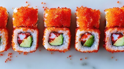 Poster - California rolls with red tobiko topping arranged neatly on a white surface showcasing crab meat and avocado filling in vibrant presentation