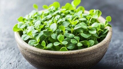 Aufkleber - Fresh and vibrant purslane leaves growing in a rustic bowl, showcasing their lush green color and natural beauty in a culinary setting.