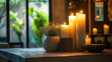 Poster - Elegant arrangement of candlelight and decorative elements creating a warm inviting atmosphere on a rustic wooden table