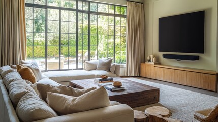 Aufkleber - Elegant Living Room with Innovative Curtain Rods and Large Windows Enhancing Natural Light and Modern Decor