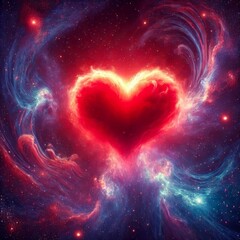 glowing red heart-shaped nebula in outer space with swirling purple and blue gases, symbolizing love