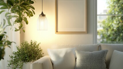 Poster - Nordic style interior with pendant lamp and empty picture frame accentuating a serene living space atmosphere