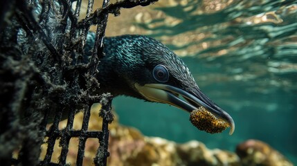 Poster - Black coral cage and underwater bird feeding on marine life in a vibrant ocean environment showcasing natural habitat dynamics.