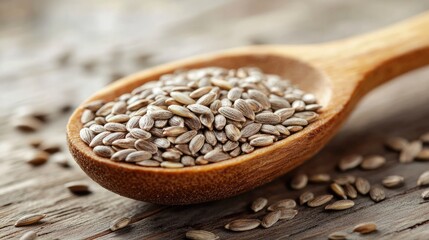 Aufkleber - Wooden spoon filled with condiment seeds surrounded by scattered seeds on a rustic wooden surface