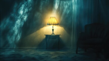 Poster - mysterious ambiance created by a glowing lamp in a dimly lit room enhancing shadows and reflections 