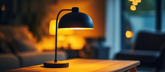 Poster - Cozy black table lamp illuminating a dimly lit room with warm light creating an inviting atmosphere for relaxation and comfort