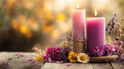 Aufkleber - Aromatherapy Scene with Organic Wax Candles Surrounded by Dried Flowers and a Rustic Wooden Table Background