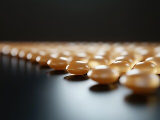 Poster - Close-up of amber-colored capsules arranged in a mesmerizing pattern on a smooth surface.