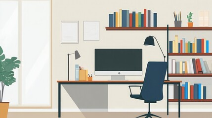 Poster - Home office with a sleek desk, ergonomic chair, and bookshelf