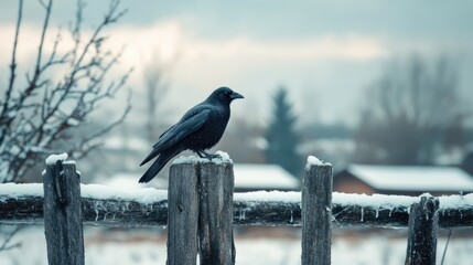 Wall Mural - Crow resting on a snow-covered wooden fence during a winter day with a dramatic cloudy sky in the background