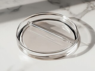Poster - A clear glass serving dish with a modern pen resting inside on a marble surface.