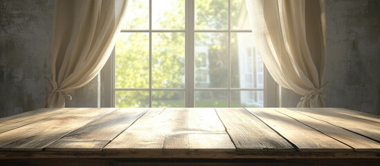 Poster - Wooden table in sunlit room with curtains creating a serene backdrop perfect for product montages and creative presentations