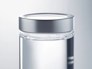 Poster - A close-up of a sleek glass container filled with clear water, featuring a modern silver lid.