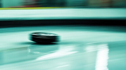 Poster - Ice hockey puck sliding across a polished rink with blurred background motion